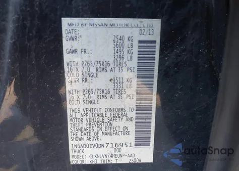 2013 Nissan Frontier Pro-4X z USA, uszkodzony, nr VIN 1N6AD0EV0DN716951